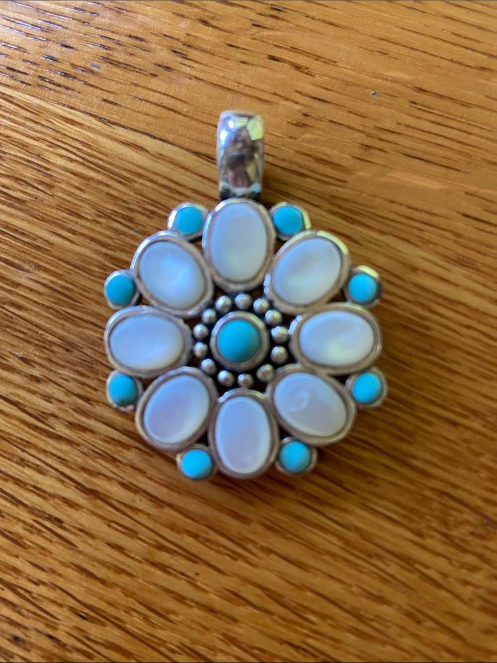 Sterling Silver Flower Pendant with Mother of Pearl and Turquoise
